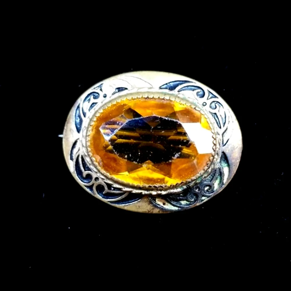 Vintage 1920s Art Deco Amber Citrine Glass Gold Tone Brooch - Picture 5 of 12